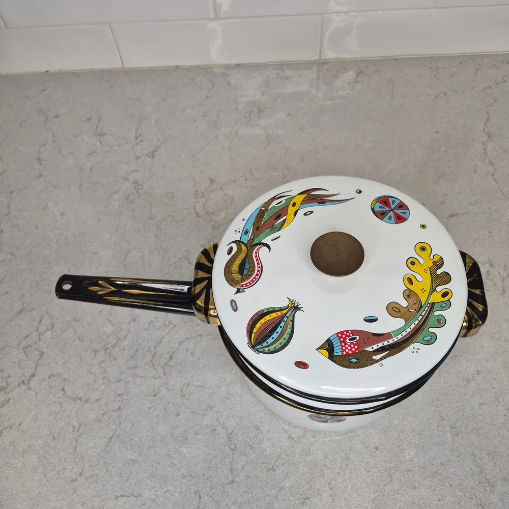 Vintage Georges Briard Enamel Pot MCM Green Garden‎ Pattern Corn